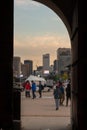 A view from the doorway of Gwanghwamun Square from Gwanghwamun Gate at sunset