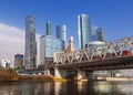 View of the Dorogomilovsky bridge across the Moscow river, the Moscow Central ring and the towers of Moscow-city, Moscow, Royalty Free Stock Photo