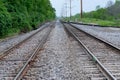 View of a double steel railroad tracks with trees on the side of the road