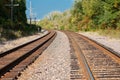 View of double steel railroad tracks