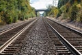 View of double steel railroad tracks