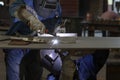 View of the double TIG Gas tungsten, inert arc welding welding techniques. Synchronized welding without direct eye contact. Royalty Free Stock Photo