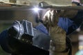 View of the double TIG Gas tungsten, inert arc welding welding techniques. Synchronized welding without direct eye contact. Royalty Free Stock Photo