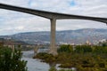 View on Douro river bridges near Peso da Regua and colorful hilly stair step terraced vineyards in autumn, wine making industry in