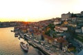 View of Douro river at Porto, Portugal. Porto, Portugal old town ribeira aerial promenade view with colorful houses, Douro river Royalty Free Stock Photo
