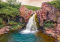 View from down of canyon of Hundafoss waterfall. Royalty Free Stock Photo