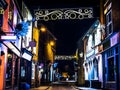 A view down Church Street in Market Harborough, UK on a winters night