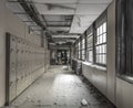 View down a hallway in an abandoned high school Royalty Free Stock Photo