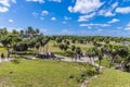 A view down from the temple of the wind god over the Mayan settlement of Tulum, Mexico Royalty Free Stock Photo
