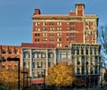 view of downtown Binghamton buildings at sunset golden hour (historic architecture on court street and chenango)