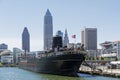 View of downtown Cleveland and steamship William G. Mather from Lake Erie