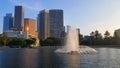 View on downtown in Los Angeles with scyscrapers in background and with fountain in front. Royalty Free Stock Photo