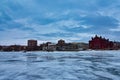 View of downtown Madison, the red gym and several other buildings from frozen lake mendota