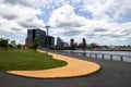 View of the downtown Newark skyline and the Passaic River from the Essex County Riverfront Park Royalty Free Stock Photo