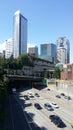 A view of downtown Seattle and a busy highway going underneath it in summer 2016