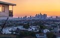 View of Downtown skyline at golden hour, Los Angeles, California