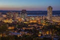 Downtown skyline at night in Hamilton, Ontario