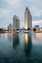 View of the downtown skyline at night from Embarcadero Marina Park North, in San Diego, California Royalty Free Stock Photo