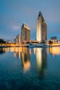 View of the downtown skyline at night from Embarcadero Marina Park North, in San Diego, California Royalty Free Stock Photo