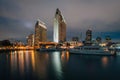 View of the downtown skyline  at night from Embarcadero Marina Park North, in San Diego, California Royalty Free Stock Photo