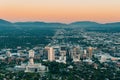 View of the downtown skyline at sunset, from Ensign Peak, in Salt Lake City, Utah