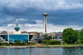 View of the downtown with Space Needle and buildings of Seattle, Washington under cloudy sky