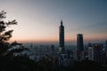 View of downtown in Taipei at the sunset time with Taipei 101 Skyscraper. Royalty Free Stock Photo