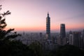 View of downtown in Taipei at the sunset time with Taipei 101 Skyscraper. Royalty Free Stock Photo