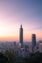 View of downtown in Taipei at the sunset time with Taipei 101 Skyscraper. Royalty Free Stock Photo