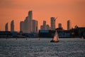 View of downtown Toronto skyline and a yacht against an orange Royalty Free Stock Photo