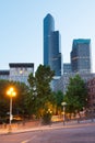 VIew of dowtown sktscrapers from Pioneer Square district in Seattle