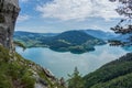 View from Drachenwand rock on Mondsee and Attersee. Via ferrata in Halstatt region, Austria. Royalty Free Stock Photo