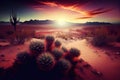 view of dramatic sunset over desert landscape with cactus and sand dunes Royalty Free Stock Photo