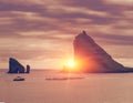 View On Drangarnir and Tindholmur Sea stack, Sunrise, Beautiful Nature Of Faroe Islands