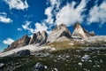 View of Drei Zinnen or Tre Cime di Lavaredo with beautiful cloud on sky, Sextener Dolomiten or Dolomiti di Sesto, South Royalty Free Stock Photo