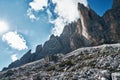 View of Drei Zinnen or Tre Cime di Lavaredo with beautiful cloud on sky, Sextener Dolomiten or Dolomiti di Sesto, South Royalty Free Stock Photo