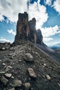 View of Drei Zinnen or Tre Cime di Lavaredo with beautiful cloud on sky, Sextener Dolomiten or Dolomiti di Sesto, South Royalty Free Stock Photo