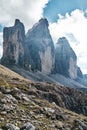 View of Drei Zinnen or Tre Cime di Lavaredo with beautiful cloud on sky, Sextener Dolomiten or Dolomiti di Sesto, South Royalty Free Stock Photo