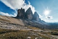 View of Drei Zinnen or Tre Cime di Lavaredo with beautiful cloud on sky, Sextener Dolomiten or Dolomiti di Sesto, South Royalty Free Stock Photo