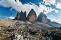 View of Drei Zinnen or Tre Cime di Lavaredo with beautiful cloud on sky, Sextener Dolomiten or Dolomiti di Sesto, South Royalty Free Stock Photo