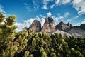 View of Drei Zinnen or Tre Cime di Lavaredo with beautiful cloud on sky, Sextener Dolomiten or Dolomiti di Sesto, South Royalty Free Stock Photo