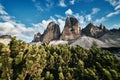 View of Drei Zinnen or Tre Cime di Lavaredo with beautiful cloud on sky, Sextener Dolomiten or Dolomiti di Sesto, South Royalty Free Stock Photo