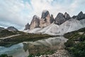 View of Drei Zinnen or Tre Cime di Lavaredo with beautiful cloud on sky, Sextener Dolomiten or Dolomiti di Sesto, South Royalty Free Stock Photo