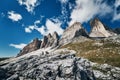 View of Drei Zinnen or Tre Cime di Lavaredo with beautiful cloud on sky, Sextener Dolomiten or Dolomiti di Sesto, South Royalty Free Stock Photo