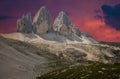 View of Drei Zinnen or Tre Cime di Lavaredo three peaks of Lavaredo during summer season Royalty Free Stock Photo