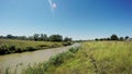 View of drity Kuma river in Russia with two shores covered with green grass. Wild nature.