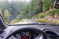 View from driver. Driving by car snowing road to Pico Ruivo, Madeira mountain