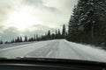 View from driver`s seat on road covered with snow, strong blindi Royalty Free Stock Photo