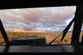 View from drivers position in an SUV, driving off road in Morocc