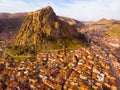 View from drone of Afyonkarahisar cityscape and rock with castle, Turkey